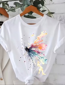 <b>Women's</b> Customizable Eco-Friendly <b>White</b> Floral Print 100% Cotton Jersey <b>Short</b> <b>Sleeve</b> Crew Neck T-<b>Shirt</b> Casual Spring Summer Wear - Product Image 1