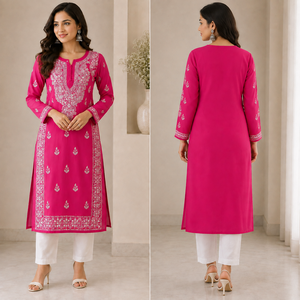 <b>Women</b>’s Pink Floral Embroidered Kurti, Long Sleeve Straight Fit Ethnic Indian <b>Kurta</b>, Traditional Casual & Festive Wear - Product Image 4