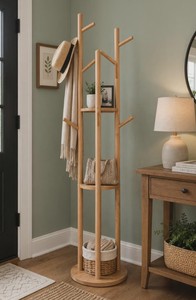Porte-manteau en bois sur pied avec 3 étagères et 10 crochets, style scandinave moderne, meuble de rangement pour entrée - Product Image 4