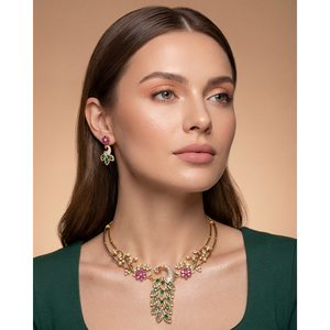 Indian Ethnic Rishika Peacock Design Victorian Gold Plated Bridal Necklace & Earring Set - Product Image 1