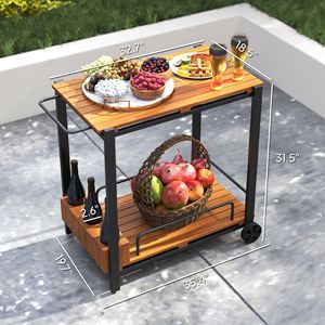 Carrello da Bar a 2 livelli in legno di Acacia con ruote per arrotolare caffè e bevande Set da portata 3 portabottiglie Teak - Product Image 3
