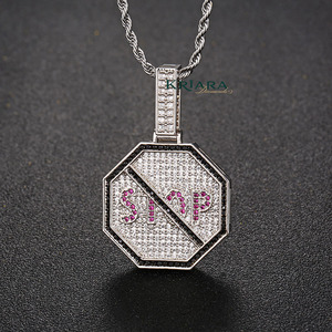 Stop <b>Sign</b> Pendant 925 Silver Rhodium Plated Moissanite Inlay Hiphop Unisex Everyday Wear - Product Image 1
