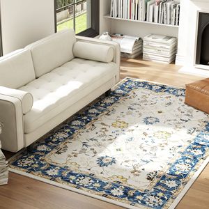Tappeto 5x7 Lavabile in Lavatrice Antiscivolo con Stampa Floreale Boho, Tappeto a Pelo Lungo Marrone per Soggiorno, Camera da Letto e Sala da Pranzo, Colore Blu - Product Image 2