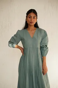 Vestido largo de algodón suave para mujer, cuello en V, manga 3/4, corte holgado, estilo bohemio, cómodo vestido largo de verano - Product Image 3