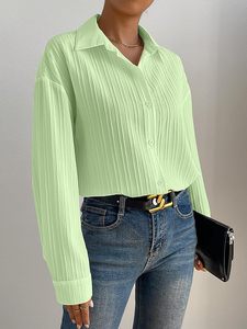 Women's Light Green Long Sleeve Button <b>Down</b> Shirt Solid Color Pleated Poplin Casual Blouse Spring Summer Loose Fit - Product Image 3