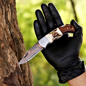 Cuchillo plegable de cobre damasco con bloqueo trasero, mango de cuerno de ciervo, funda de cuero repujado, proveedor mayorista OEM personalizado AR KNIVES - Product Image 4