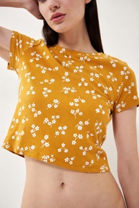 T-shirt court à imprimé floral pour femme, manches courtes, col rond, coupe ajustée, décontracté, été, respirant, en coton tricoté - Product Image 5