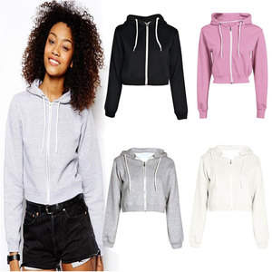 <b>Crop</b> <b>Hoodie</b> <b>Zip</b>-<b>Up</b> Regular Fit Solid Color French Terry Unisex Casual Autumn Wear - Product Image 4