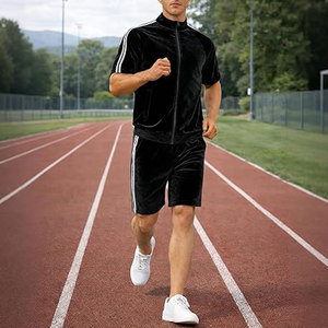 ชุดวอร์มกำมะหยี่ผู้ชายแบบสองชิ้น เสื้อแจ็คเก็ตแขนสั้นแบบซิปเต็มตัวและกางเกงขาสั้น ชุดลำลองใส่สบายสำหรับฤดูร้อน - Product Image 6