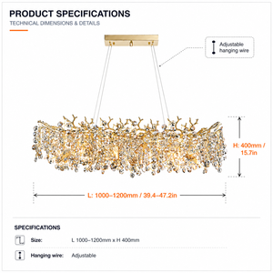 Lampadario Moderno di Lusso Rettangolare in Cristallo K9 con Controllo Touch, Lampada a Sospensione a Foglia d'Oro con LED G9 <span class=keywords><strong>per</strong></span> Tavolo da Pranzo, Garanzia 3 Anni - Product Image 5