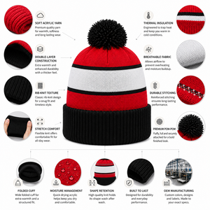 Gorro Personalizable con Pompones, Bordado 3D, Impresión en Relieve de Goma, 100% Acrílico, Tejido Jacquard, para Adultos, Unisex, Gorro de Invierno - Product Image 4