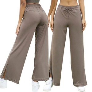 Pantalones de Mujer de Cintura Alta, Pierna Ancha, Color Sólido, con Cordón, Ajuste Holgado, Casuales, Largos, de Punto, Spandex y Poliéster - Product Image 1
