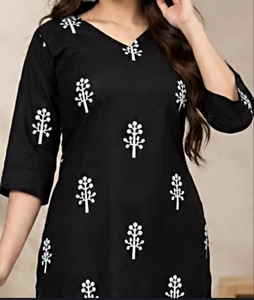 Women’s Black Printed <b>Short</b> Kurti | Elegant Floral Ethnic Wear <b>Top</b> | Casual Rayon Kurta <b>Tunic</b> | Stylish <b>Sleeve</b> Indian Kurti - Product Image 5