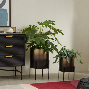 Luxury fluted gold bowl planter on a tall minimalist <b>wire</b> pedestal, available at wholesale prices for grand decor. - Product Image 3