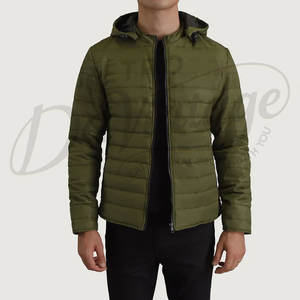 Veste d'hiver pour homme, couleur olive, légère, à capuche, rembourrée, coupe slim, décontractée, chaude, zippée, style puffer. - Product Image 1