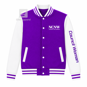 Veste universitaire personnalisée NCNW, violette et blanche, manches longues, fermeture éclair sur le devant, col à bande, logo brodé, coton - Product Image 1