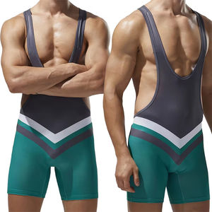 ชุดบอดี้สูทสำหรับนักมวยปล้ำชาย คอวีลึก แบบ Racerback สีสันตัดกัน ผลิตจากผ้าสแปนเด็กซ์และโพลีเอสเตอร์ ระบายอากาศได้ดี แห้งเร็ว เหมาะสำหรับการฝึกซ้อม - Product Image 6