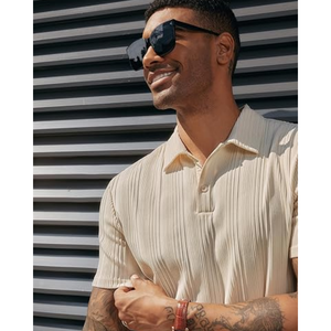 เสื้อโปโลผู้ชายแบบถักเนื้อผ้ามีลาย – เสื้อกอล์ฟทรงปกติแบบยืดได้สำหรับใส่ลำลองและเล่นกีฬา - Product Image 5