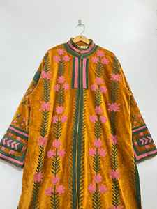 Mustard Velvet Embroidered Long <b>Robe</b> with Floral Thread Work Side Seam Pockets 100% Cotton Quick <b>Dry</b> Breathable-Spring Summer - Product Image 3