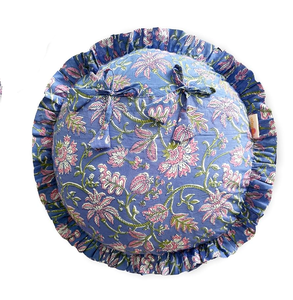 Housse de coussin ronde en coton doux faite à la main en Inde avec franges |   Fermeture à cordon |   Bleu périvinyle |   Faible MOQ Vente en gros Inde - Product Image 3