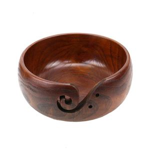 Wooden Yarn Bowl Round Simple Design Portable 15cm for Hand Knitting Convenient Storage with Blue and White Yarn Inside - Product Image 2