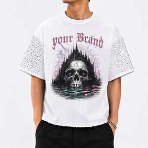 T-shirt unisexe en coton grande taille, coupe courte, premium, 260 GSM, imprimé DTG, motif strass, streetwear, ourlet déchiré - Product Image 2
