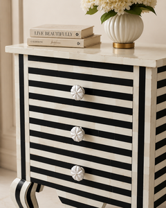 <b>Black</b> White Bone Inlay Handmade Durable Multifunction Nightstand Floral Design Scalloped Legs Storage for Home Office Hotel - Product Image 3
