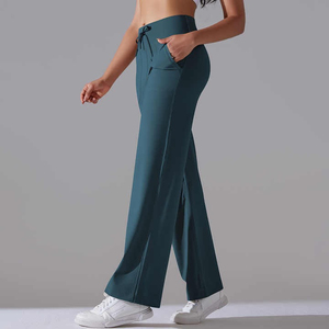 Customized Solid Color Women's <b>Leggings</b> Spandex/Nylon Mid Waist Drawstring Quick Dry Breathable <b>Flared</b> Leg Wholesale Bulk - Product Image 3