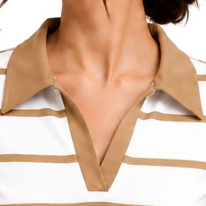<b>White</b> And Camel Brown Womens Striped <b>Polo</b> Shirt Short Sleeve Turn Down Collar Slim Fit Casual Summer <b>Top</b> Custom Wholesale - Product Image 5