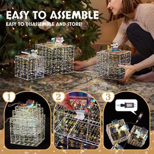 Set 3 Lighted Iridescent Gift Boxes 140 LED Warm White Lights Pre-Lit Nestable Present Boxes Ornament Stakes for Holiday Gifting - Product Image 1