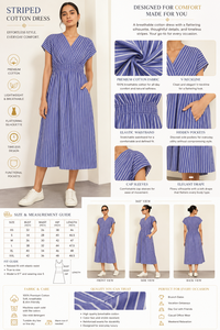 Vestido Midi a Rayas Azules y Blancas para Mujer, Manga Corta, Cuello en V, Cintura Alta, Estilo Casual de Verano con Bolsillos - Product Image 4