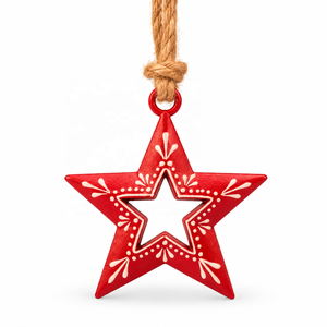 Five Point Star Metal Hanging Ornament with Cream Geometric <b>Artwork</b> Hollow Centre and Natural Fibre Rope Loop - Product Image 1