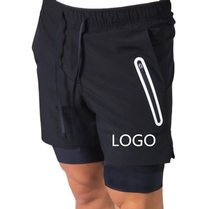 New High Quality Custom Summer Zipper Breathable Stretch Running Training Sports Casual 2 in 1 Double <b>Layer</b> Mens Gym Shorts - Product Image 1