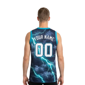 Uniformes de basket-ball Thunderbolt pour hommes, maillot sans manches à col en V sublimé et short uni, noms d'équipe et numéros de joueur personnalisés - Product Image 4