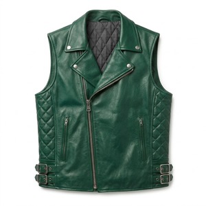 Gilet de motard en cuir véritable vert pour homme, fermeture éclair, panneaux latéraux matelassés, rivets - Product Image 1