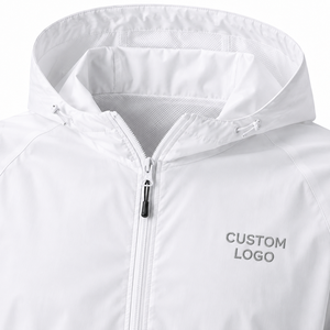 <b>Men's</b> <b>White</b> Hooded Windbreaker <b>Jacket</b> Quick Dry Zipper Closure Casual Style Solid Color Front Logo Nylon Windbreaker <b>Jacket</b> - Product Image 5