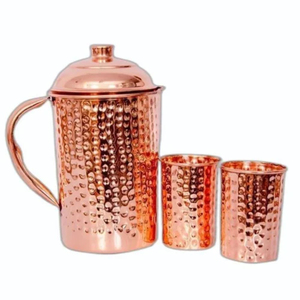 Ensemble de carafe en cuivre martelé 100% pur, fabriqué à la main, avec 2 verres, pichet à eau aux bienfaits ayurvédiques pour la santé et le bien-être - Product Image 1