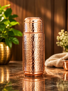 Handcrafted Hammered <b>Copper</b> Water <b>Bottle</b> Pure <b>Copper</b> Flask with Cup Lid Reusable Ayurvedic Drinkware Travel Yoga Gym - Product Image 2