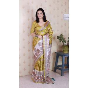 Madhubani Fusion Printed Saree <b>Gold</b> Tussar Silk with Zari Woven Border Traditional Indian <b>Scarf</b> & Shawl - Product Image 6