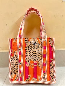 Sac fourre-tout matelassé indien fait main, imprimé tigre, en toile brodée, style bohème pour femme, sac à main de shopping, fermeture ouverte, toutes saisons - Product Image 3