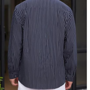 Men’s Linen Cotton <b>Banded</b> <b>Collar</b> <b>Shirt</b>, Striped Mandarin <b>Collar</b> Long Sleeve Button Down Collarless Casual <b>Shirt</b> - Product Image 3
