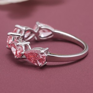 IGI Certified Three Stone <b>Pink</b> Diamond Band <b>Ring</b> with Prong Setting and Claw Setting Pear Cuts Rhodium Plated 18K Gold - Product Image 3