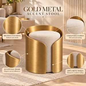Luxury Gold Metal Accent <b>Stool</b> Upholstered <b>Cushion</b> Open Front Design Modern Decorative Seating for Living Room Bedroom | Elegant - Product Image 5