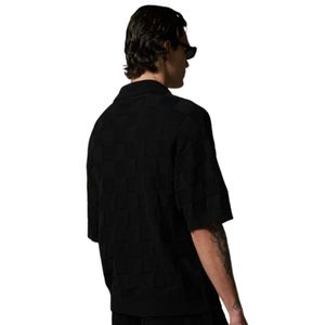 Men Checkerboard Knitted Shirt Short Sleeve Button <b>Down</b> Casual Summer Knit Top Black OEM Wholesale Supply - Product Image 6