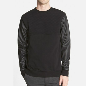 Sweat-shirts de streetwear de haute qualité, couleur noire unie, avec manches en cuir, coupe ajustée, pour hommes musclés, respirants - Product Image 2