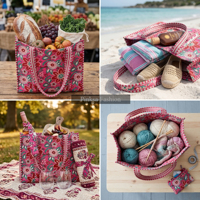 Grand sac fourre-tout matelassé en coton imprimé à la main, motif floral, fermeture éclair, multi-usages, printemps, été, automne, hiver, plage, voyage