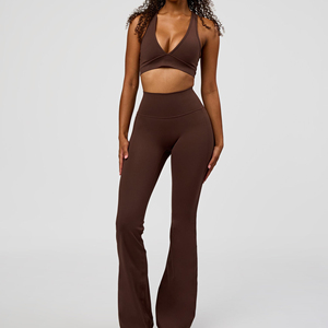 Pantalones de yoga acampanados transpirables para mujer con logo personalizado, cintura alta, control de abdomen, pantalón deportivo elástico sin costuras, leggings acampanados - Product Image 1