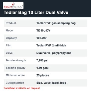ถุงเก็บตัวอย่างก๊าซ TECHINSTRO Tedlar ขนาด 10 ลิตร ฟิล์ม PVF วาล์วคู่ ป้องกันการรั่วซึม สำหรับการเก็บตัวอย่างก๊าซในอากาศ VOC และดิน - Product Image 6