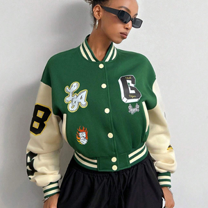 Green Cream Varsity Jacket Women Full Sleeve Letter Print Turn-down Collar Single Breasted Autumn Wear - Product Image 2