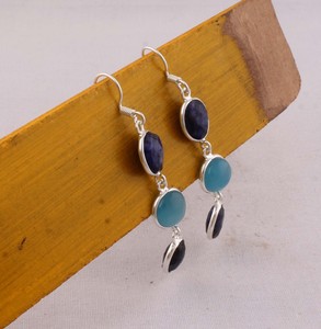 Artisan Lapis Lazuli Blue Chalcedony <b>Dangle</b> <b>Earrings</b> 925 <b>Silver</b> Two-Tiered Faceted Multi-Gemstone <b>Earrings</b> Manufacturer - Product Image 6